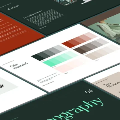 Close up of the brand identity guide pages featuring secondary color palette swatches and visual application rules.