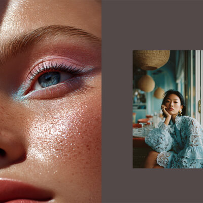 Vibrant beauty brand template screenshot with a focus on an eye makeup close-up and minimalist product shot, highlighting a clean aesthetic.