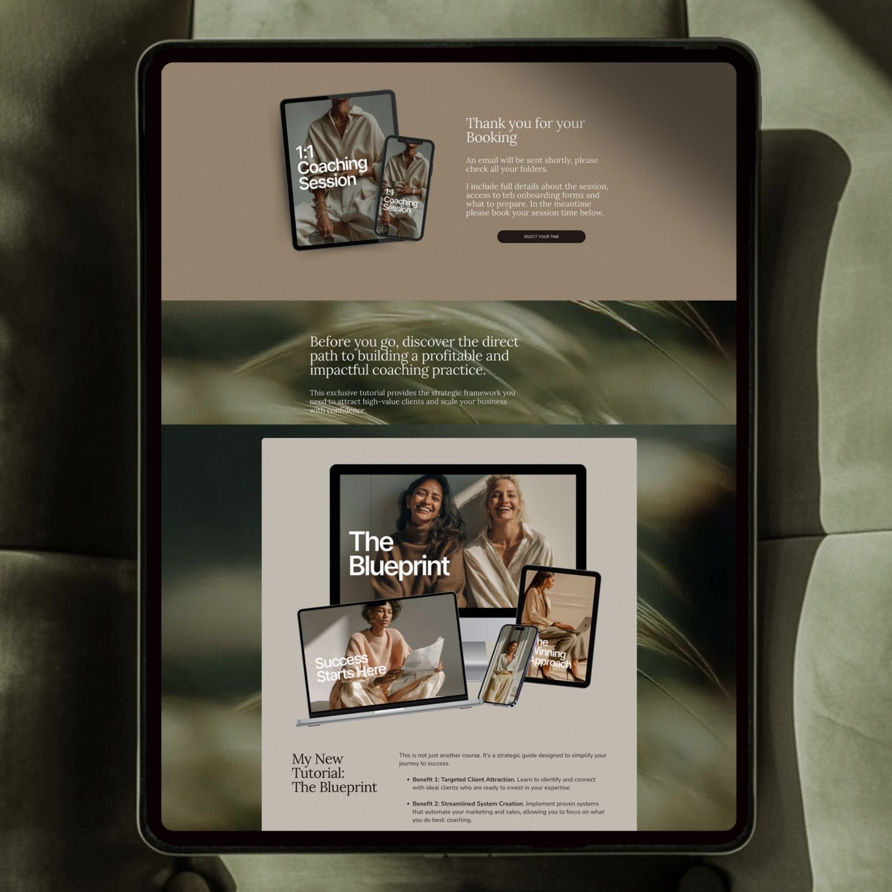 an ipad resting on a green sofa showing the premium design style of the product