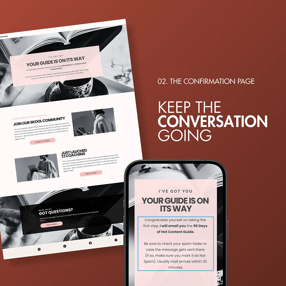 Systeme.io confirmation page mockup for a "90 Days of Hot Content" guide with a community join link.