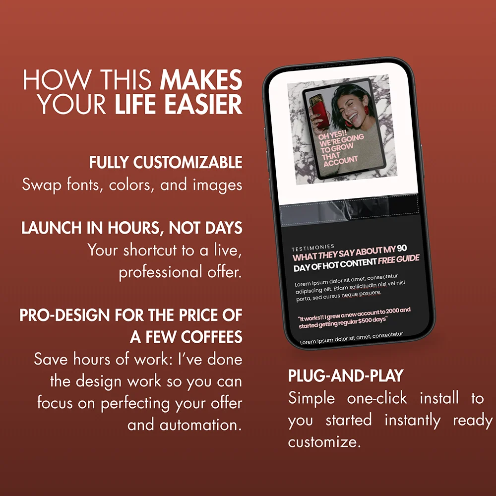 Graphic highlighting Systeme.io benefits: fully customizable templates that launch a professional offer in hours.